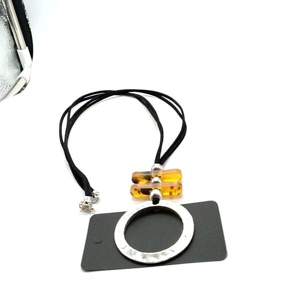 Hammered Open Circle Silver-tone Pendant Necklace Leather Cord - Picture 4 of 16